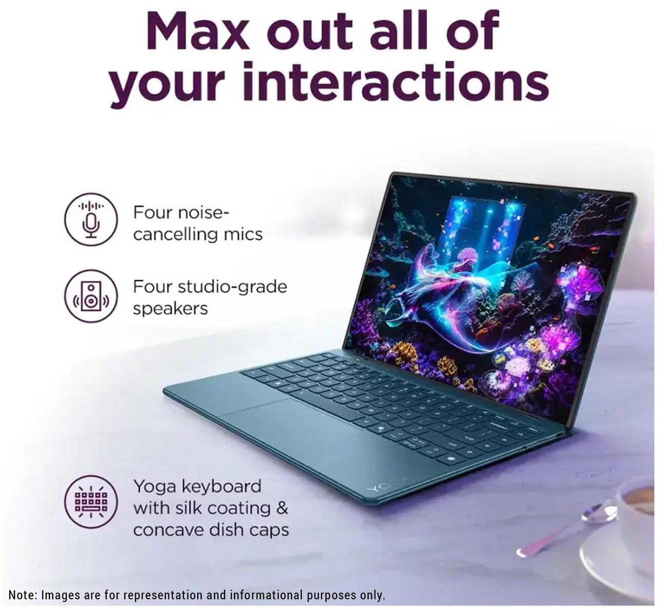 Alt view image 3 of 7 - Lenovo Yoga Slim 9i Copilot+ Laptop, Intel Ultra 7-258V, 32 GB LPDDR5x RAM, 1 TB PCIe SSD, 14" 4K (3840x2400) 120Hz OLED Touchscreen Display, Intel Arc Graphics, Backlit Keyboard, W11 Pro, Tidal Teal