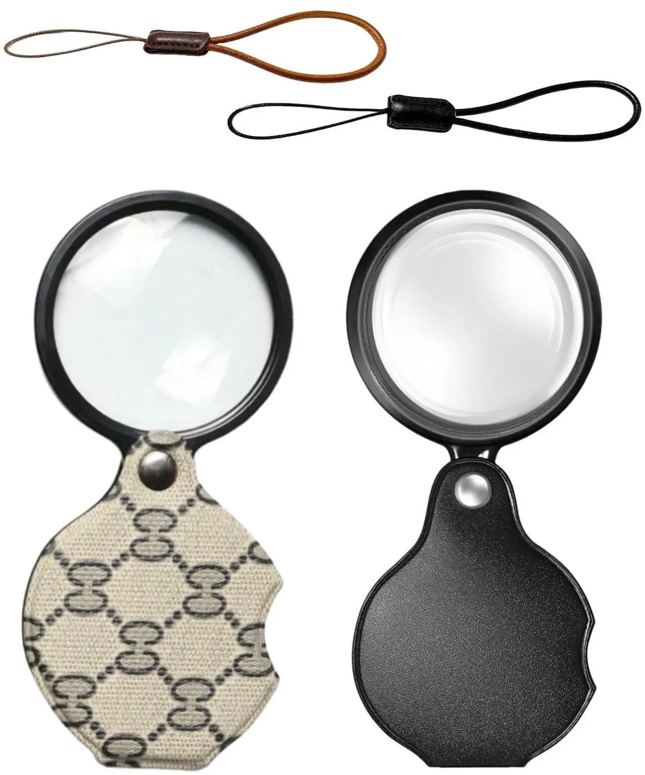 Main image of 2PCS 15X Magnifying Glass Loupe Small Pocket Magnifying Lenses Glass Protective Holster Leather Lanyard for Seniors Reading Inspection Coin Hobby Jewelry or Exploring (Black + Beige Print)