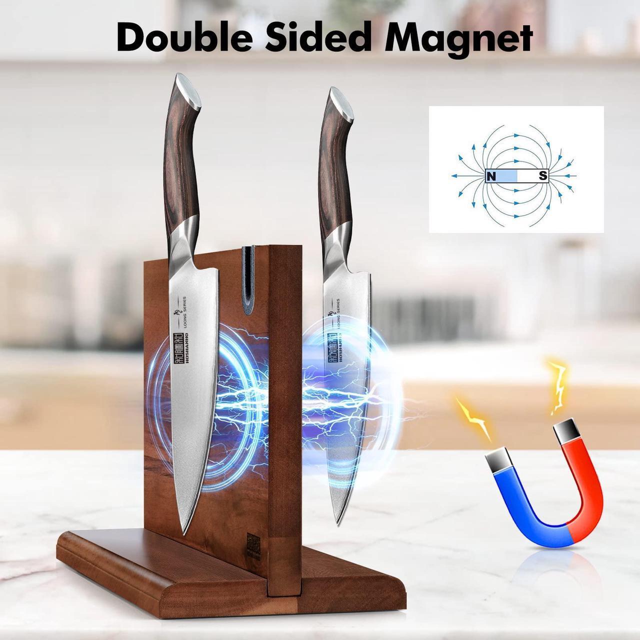 Alt view image 3 of 7 - HOSHANHO Magnetic Knife Block 14 x 10 Inches, Double Sided Magnetic Knife Holder Rack for Kitchen Counter, Acacia Wood Magnetic Knife Storage Stand with Knife Sharpener