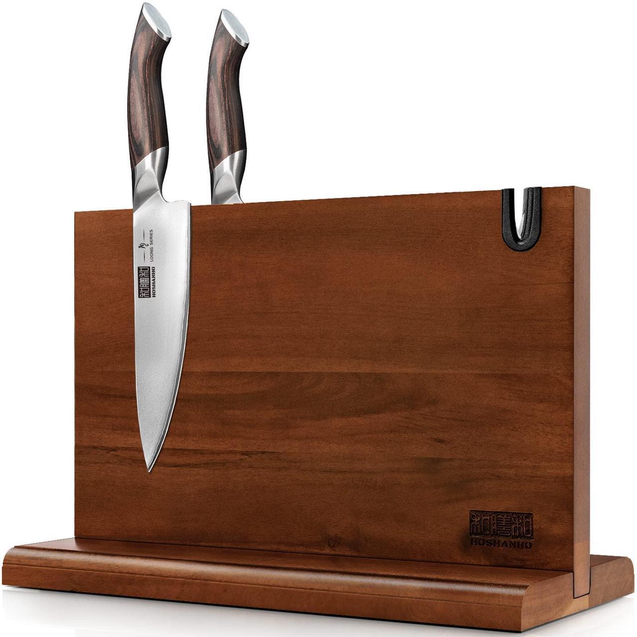 Main image of HOSHANHO Magnetic Knife Block 14 x 10 Inches, Double Sided Magnetic Knife Holder Rack for Kitchen Counter, Acacia Wood Magnetic Knife Storage Stand with Knife Sharpener