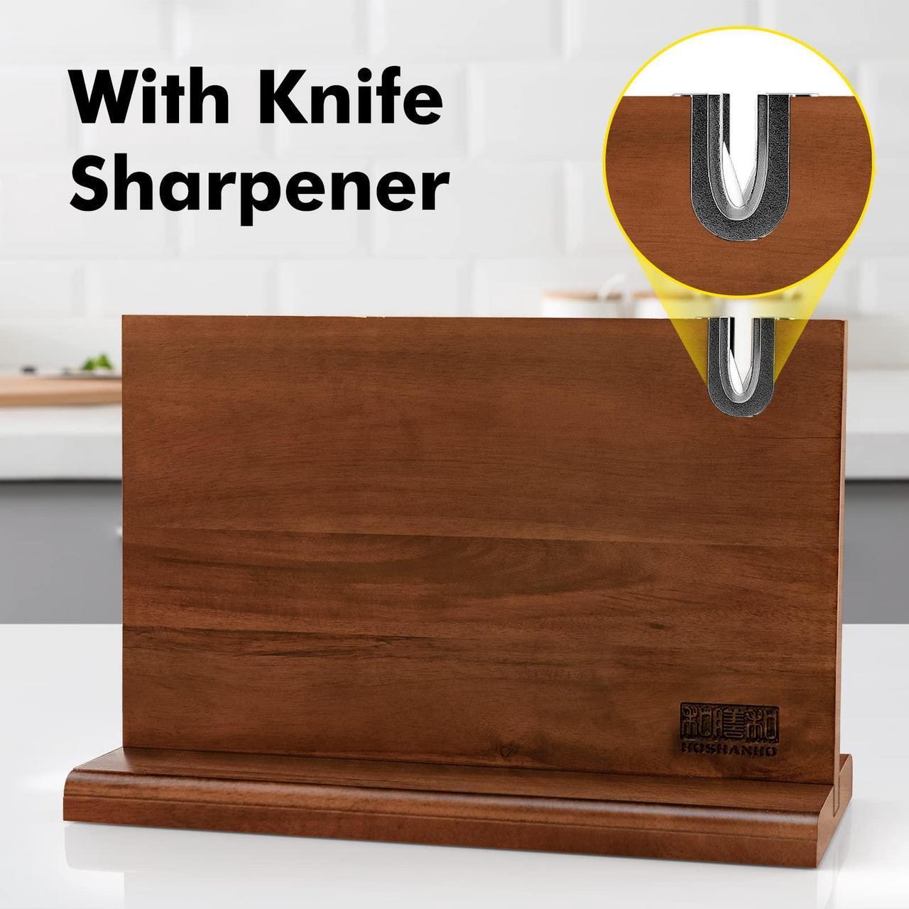 Alt view image 4 of 7 - HOSHANHO Magnetic Knife Block 14 x 10 Inches, Double Sided Magnetic Knife Holder Rack for Kitchen Counter, Acacia Wood Magnetic Knife Storage Stand with Knife Sharpener