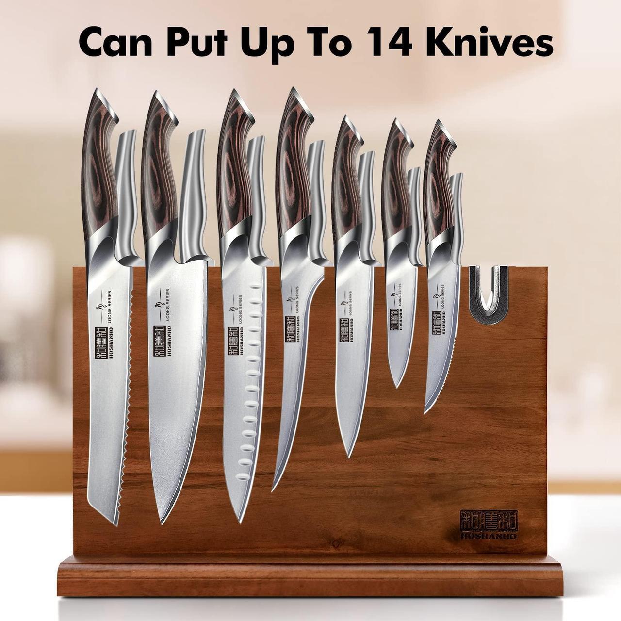 Alt view image 7 of 7 - HOSHANHO Magnetic Knife Block 14 x 10 Inches, Double Sided Magnetic Knife Holder Rack for Kitchen Counter, Acacia Wood Magnetic Knife Storage Stand with Knife Sharpener