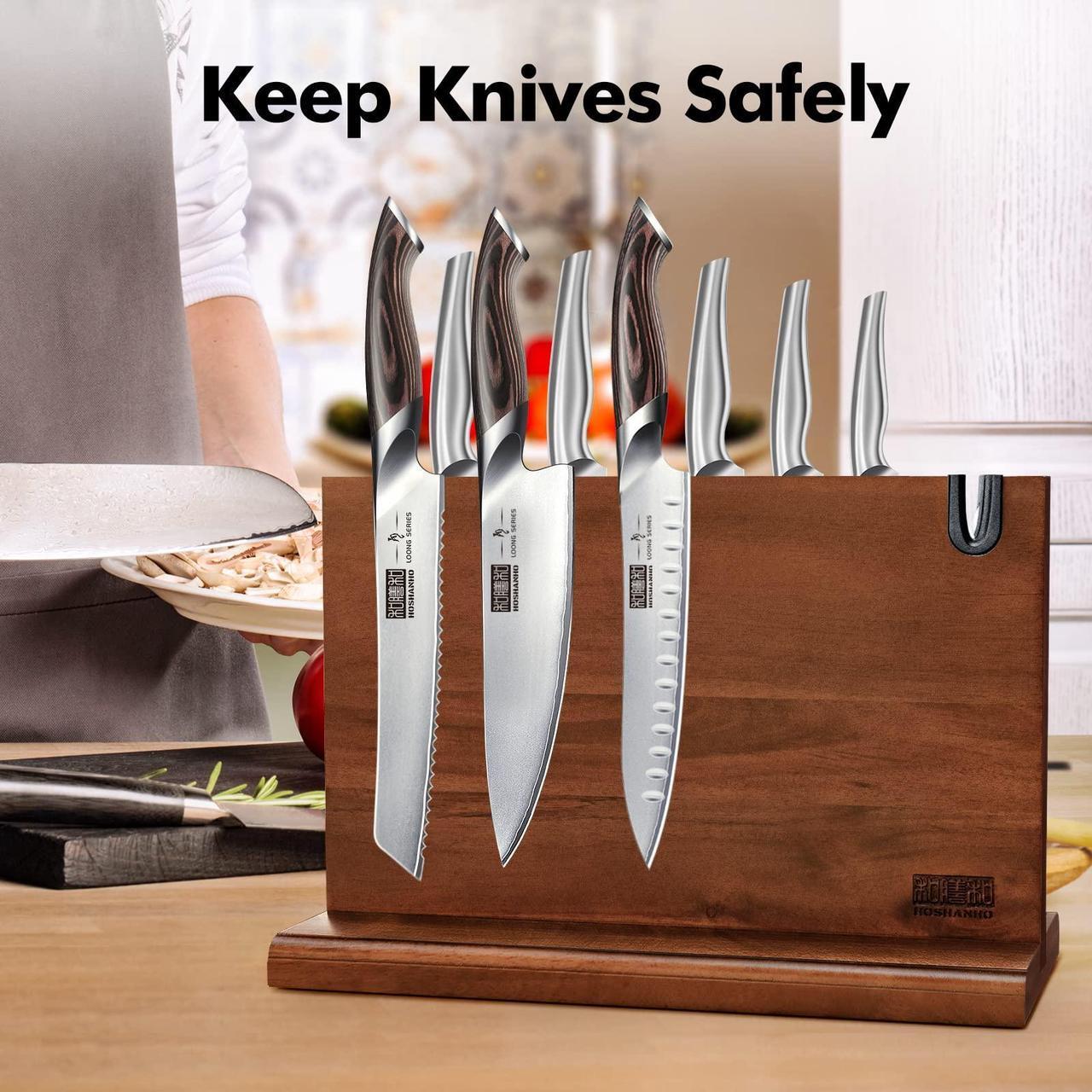 Alt view image 8 of 7 - HOSHANHO Magnetic Knife Block 14 x 10 Inches, Double Sided Magnetic Knife Holder Rack for Kitchen Counter, Acacia Wood Magnetic Knife Storage Stand with Knife Sharpener