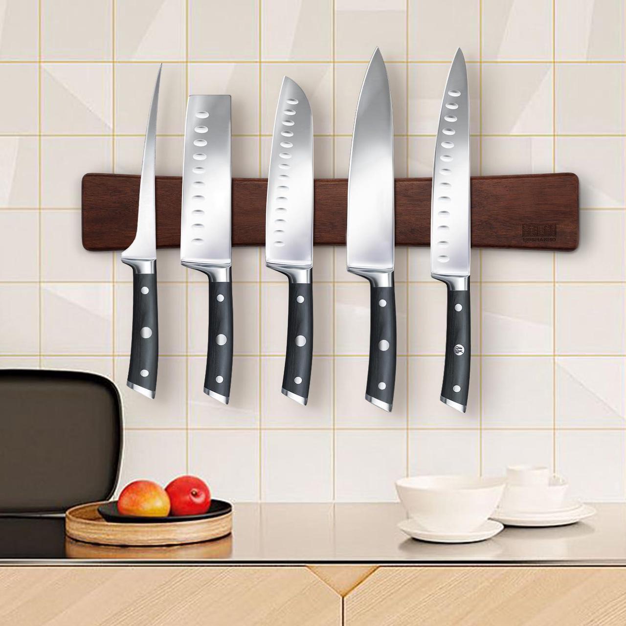 Alt view image 5 of 7 - HOSHANHO Magnetic Knife Strips, Magnetic Knife Holder for Wall 16 Inch, Acacia Wood Knife Magnetic Strip Use as Knife Bar, Knife Holder for Kitchen Utensil Organizer
