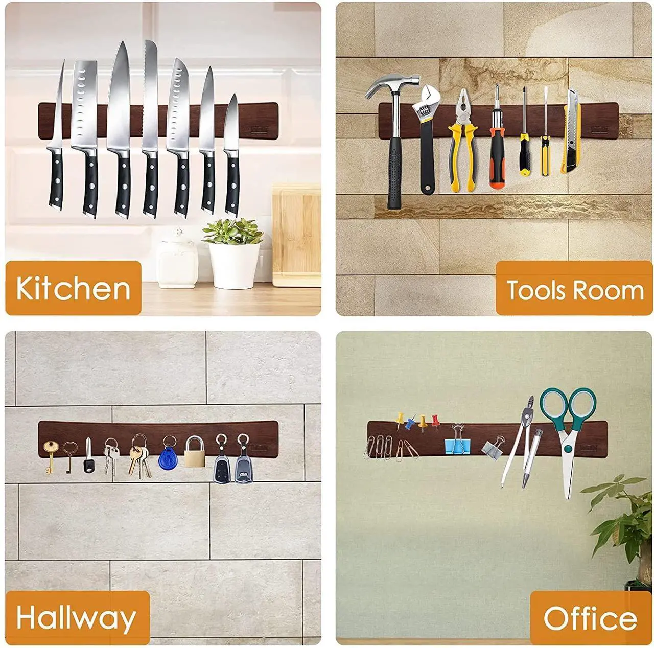 Alt view image 6 of 7 - HOSHANHO Magnetic Knife Strips, Magnetic Knife Holder for Wall 16 Inch, Acacia Wood Knife Magnetic Strip Use as Knife Bar, Knife Holder for Kitchen Utensil Organizer