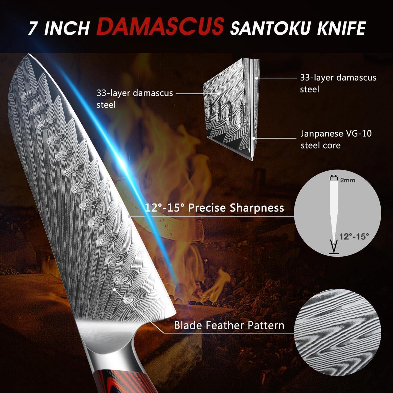 Alt view image 2 of 7 - HOSHANHO Damascus Santoku Knife, 7 Inch Professiona Kitchen KnifeVG-10 Damascus Steel Ultra-Sharp Santoku Chef Knife with Ergonomic G10 Handle
