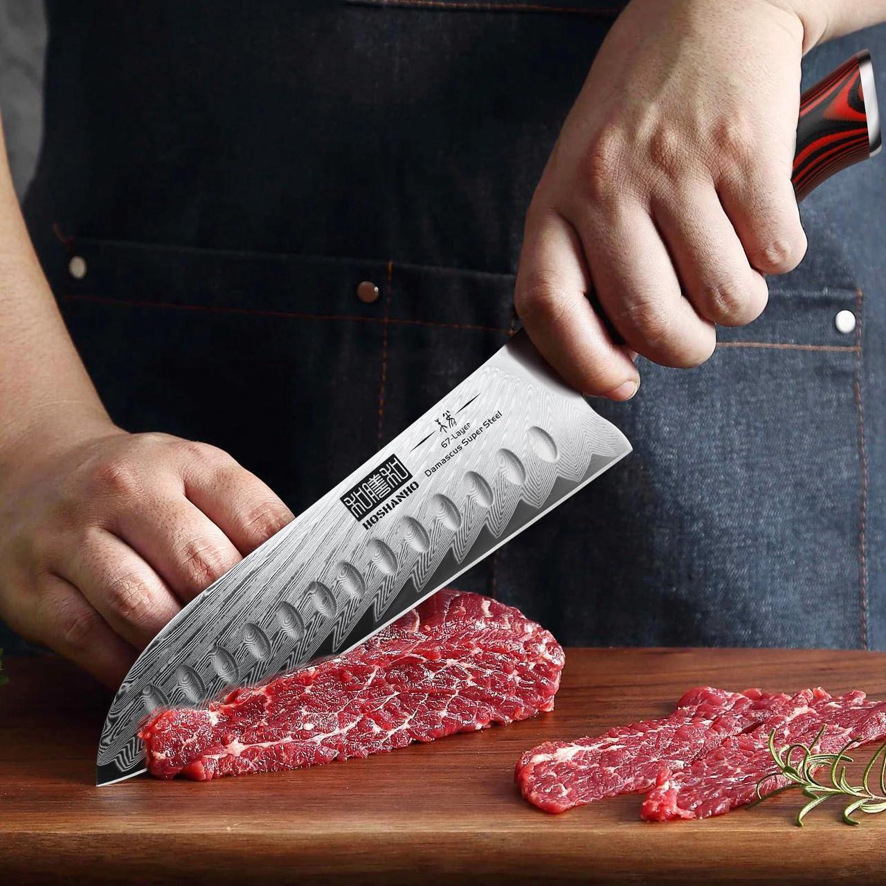 Alt view image 6 of 7 - HOSHANHO Damascus Santoku Knife, 7 Inch Professiona Kitchen KnifeVG-10 Damascus Steel Ultra-Sharp Santoku Chef Knife with Ergonomic G10 Handle