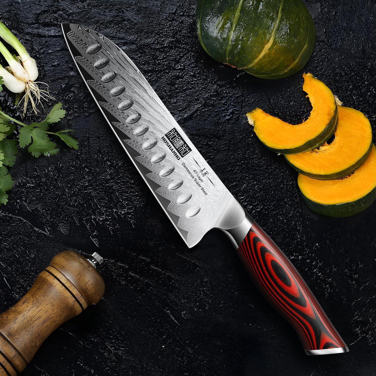 Alt view image 7 of 7 - HOSHANHO Damascus Santoku Knife, 7 Inch Professiona Kitchen KnifeVG-10 Damascus Steel Ultra-Sharp Santoku Chef Knife with Ergonomic G10 Handle