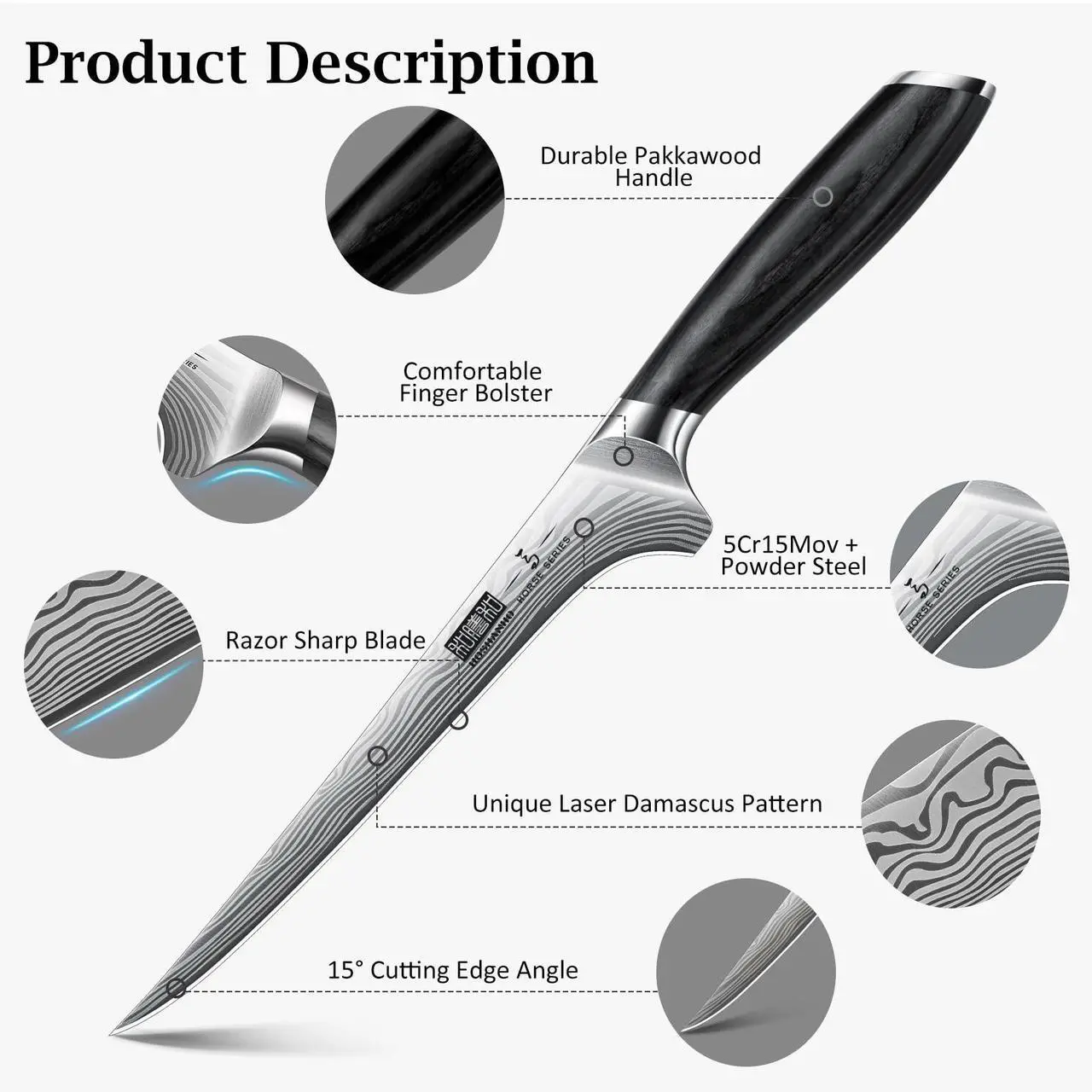Alt view image 2 of 6 - HOSHANHO Fillet Knife 7 Inch, Razor Sharp Boning Knife for Meat Poultry Chicken Cutting, Japanese High Carbon Powder Steel Fish Knives with Flexible Blade and Pakkawood Handle