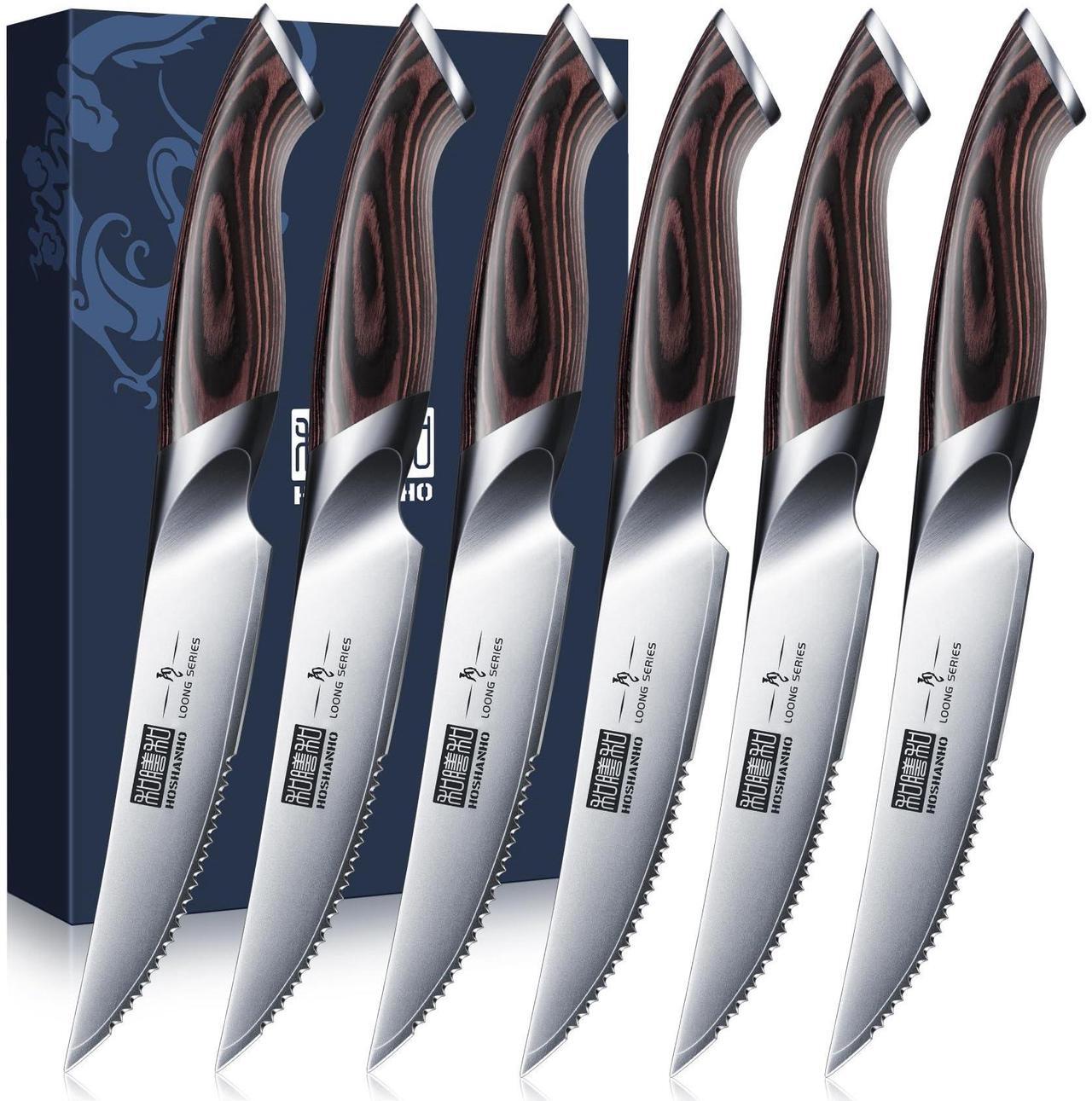 Main image of HOSHANHO Steak Knives Set of 6, Ultra Sharp 4.5 Inch Serrated Steak Knife Set, Japanese AUS-10 High Carbon Steel Kitchen Steak Knives with Ergonomic Handle