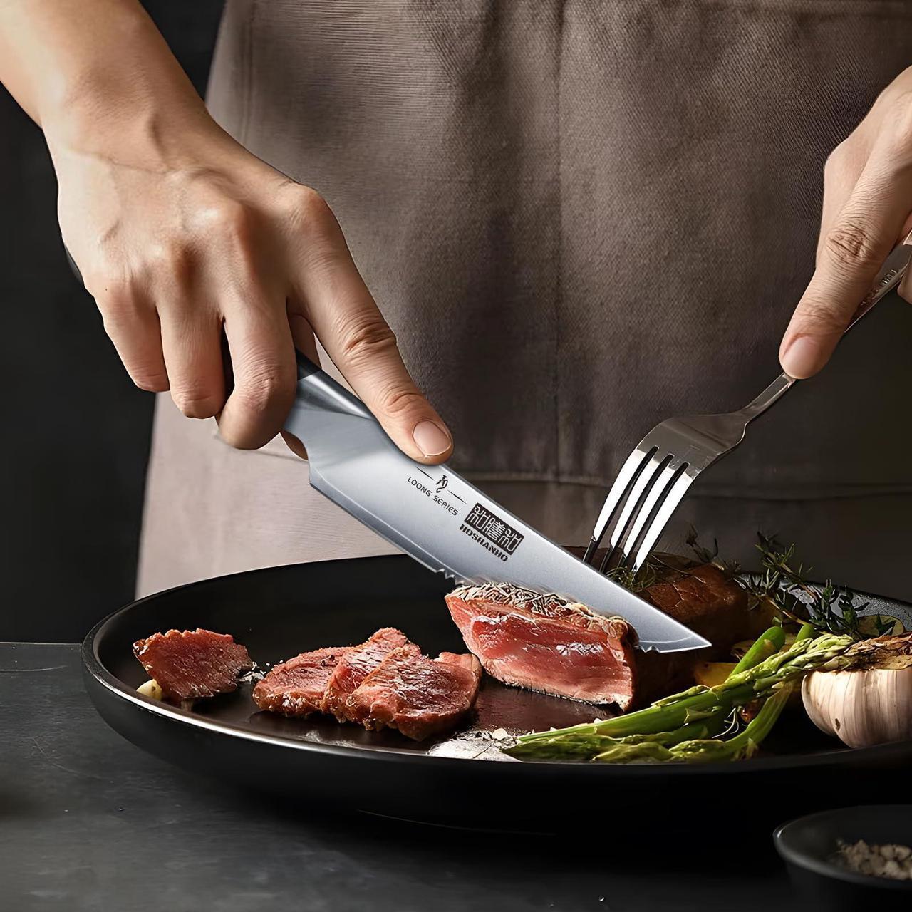 Alt view image 5 of 7 - HOSHANHO Steak Knives Set of 6, Ultra Sharp 4.5 Inch Serrated Steak Knife Set, Japanese AUS-10 High Carbon Steel Kitchen Steak Knives with Ergonomic Handle