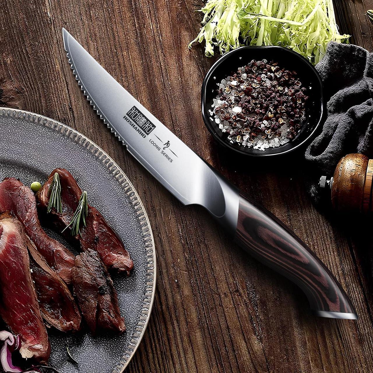 Alt view image 6 of 7 - HOSHANHO Steak Knives Set of 6, Ultra Sharp 4.5 Inch Serrated Steak Knife Set, Japanese AUS-10 High Carbon Steel Kitchen Steak Knives with Ergonomic Handle