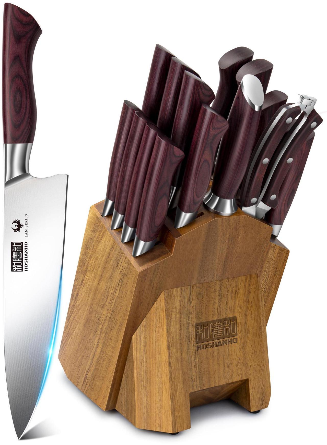 Main image of HOSHANHO Kitchen Knife Set with Block 18-Piece, Super Sharp High Carbon Stainless Steel Chef Knife Set, Professional Cutlery Knife Set with Sharpener