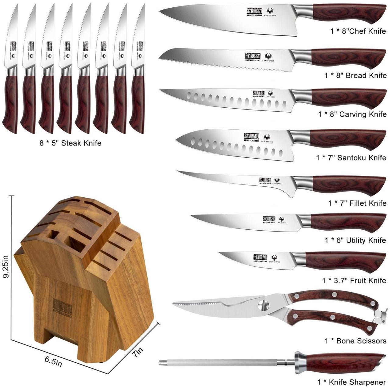 Alt view image 2 of 7 - HOSHANHO Kitchen Knife Set with Block 18-Piece, Super Sharp High Carbon Stainless Steel Chef Knife Set, Professional Cutlery Knife Set with Sharpener