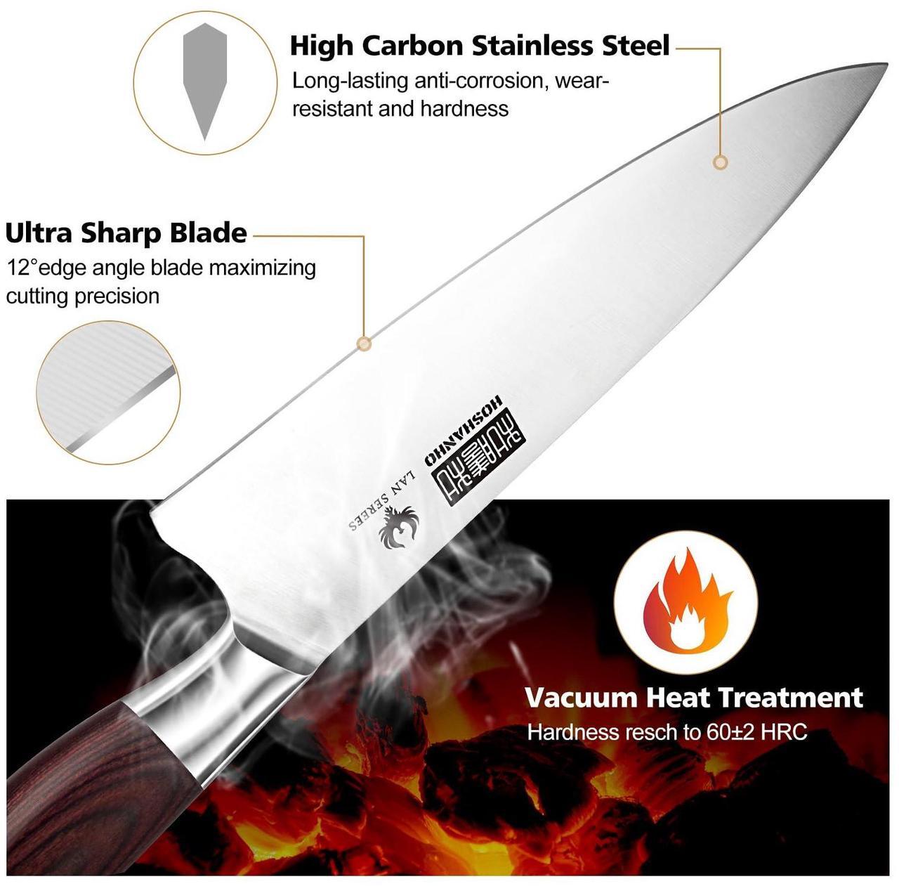 Alt view image 4 of 7 - HOSHANHO Kitchen Knife Set with Block 18-Piece, Super Sharp High Carbon Stainless Steel Chef Knife Set, Professional Cutlery Knife Set with Sharpener