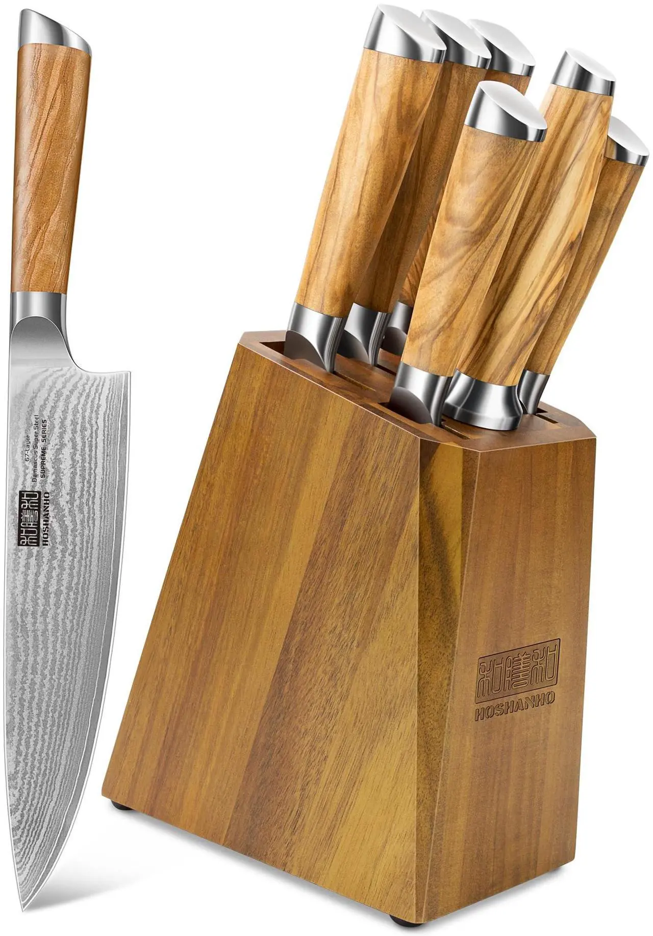Main image of HOSHANHO Knife Set with Block 7-Piece, Professional 67-layer Damascus Super Steel Kitchen Knife Sets for Cooking, Ultra Sharp Knife Set with Sharpener
