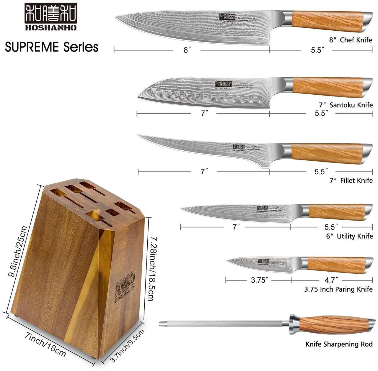 Alt view image 2 of 7 - HOSHANHO Knife Set with Block 7-Piece, Professional 67-layer Damascus Super Steel Kitchen Knife Sets for Cooking, Ultra Sharp Knife Set with Sharpener