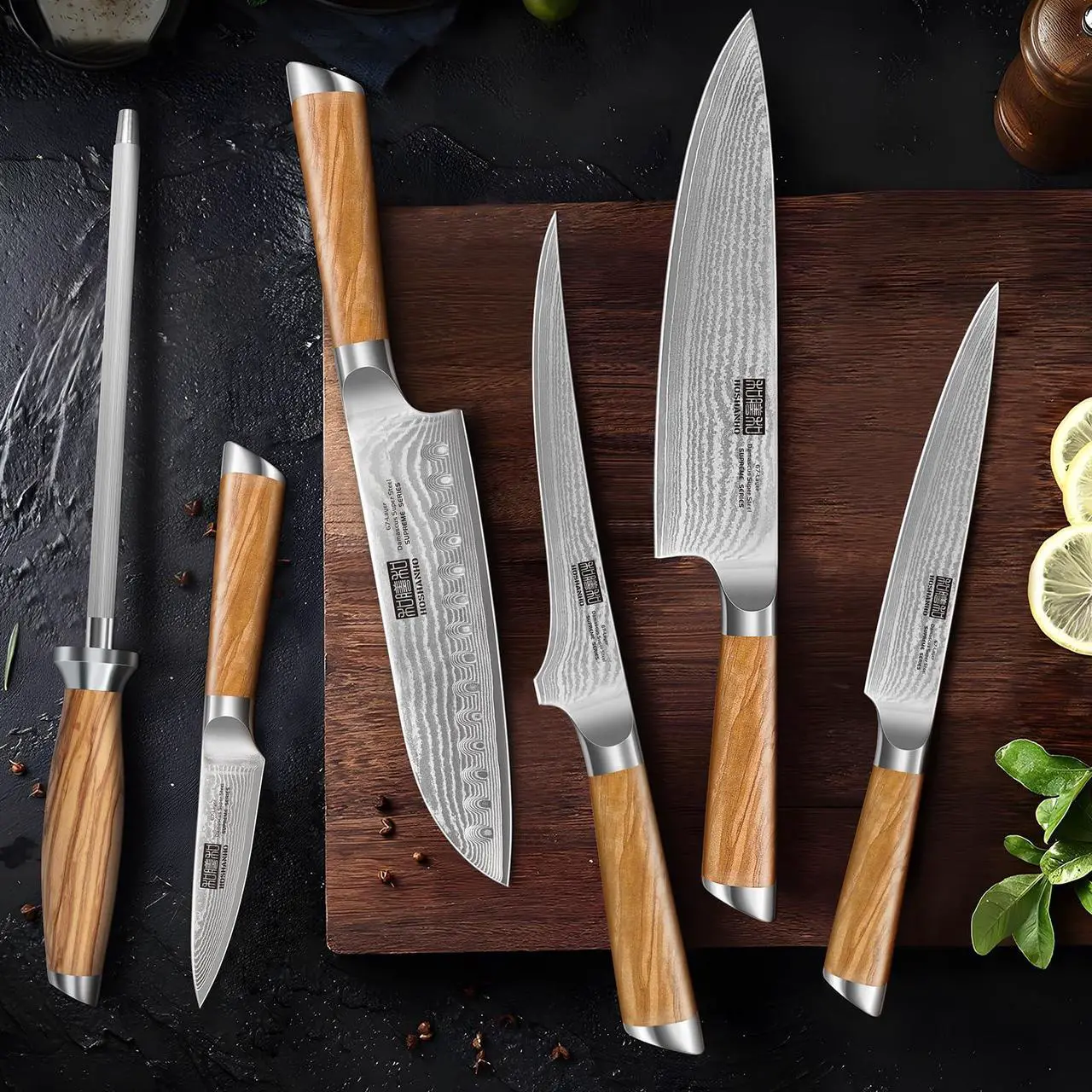 Alt view image 5 of 7 - HOSHANHO Knife Set with Block 7-Piece, Professional 67-layer Damascus Super Steel Kitchen Knife Sets for Cooking, Ultra Sharp Knife Set with Sharpener