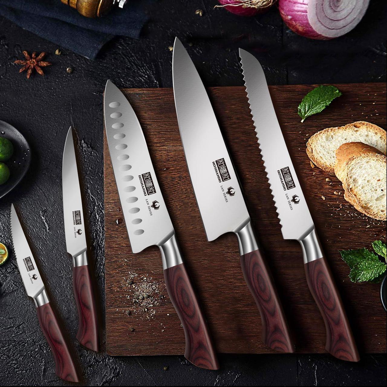 Alt view image 7 of 7 - HOSHANHO Kitchen Knife Set with Block 18-Piece, Super Sharp High Carbon Stainless Steel Chef Knife Set, Professional Cutlery Knife Set with Sharpener