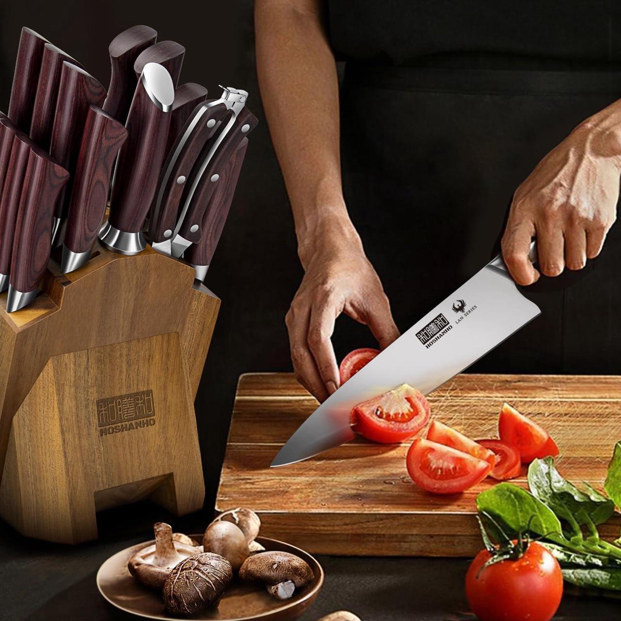 Alt view image 6 of 7 - HOSHANHO Kitchen Knife Set with Block 18-Piece, Super Sharp High Carbon Stainless Steel Chef Knife Set, Professional Cutlery Knife Set with Sharpener