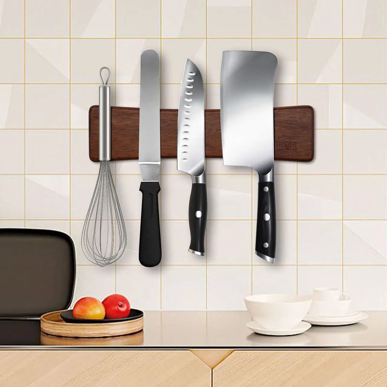 Alt view image 5 of 7 - HOSHANHO Knife Magnetic Strip, Acacia Wood Powerful Magnetic Knife Strips, Magnetic Knife Holder for Wall 10 Inch Use as Magnetic Tool Organizer, Home Organizer