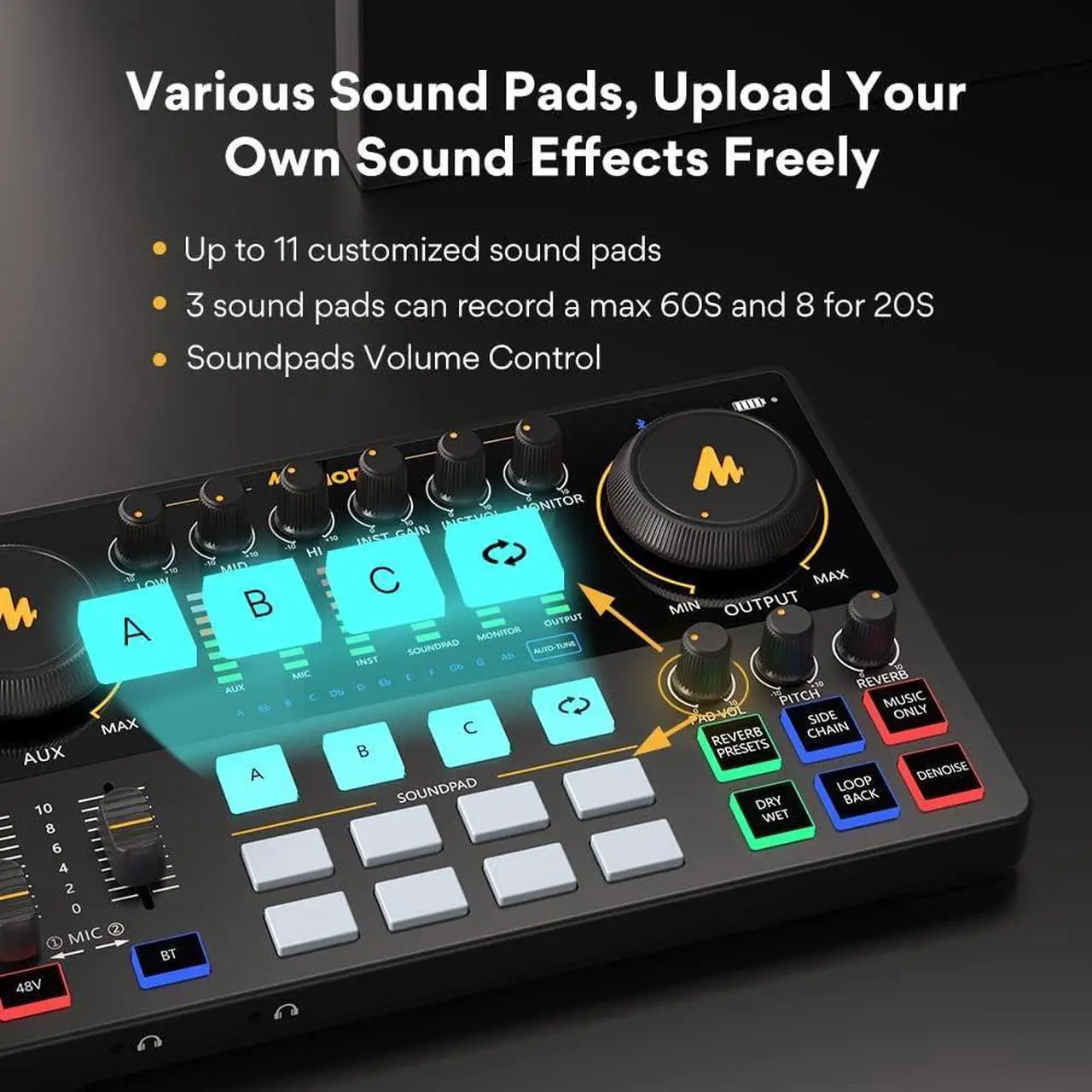 Alt view image 5 of 7 - MAONO Podcast Equipment Bundle with Audio Interface and XLR Condenser Microphone, MaonoCaster with 48V Phantom Power, Bluetooth for Podcast, Streaming, Voice Over, Youtube, PC, Guitar (AME2)