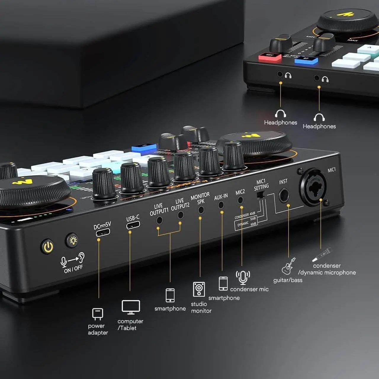 Alt view image 7 of 7 - MAONO Podcast Equipment Bundle with Audio Interface and XLR Condenser Microphone, MaonoCaster with 48V Phantom Power, Bluetooth for Podcast, Streaming, Voice Over, Youtube, PC, Guitar (AME2)