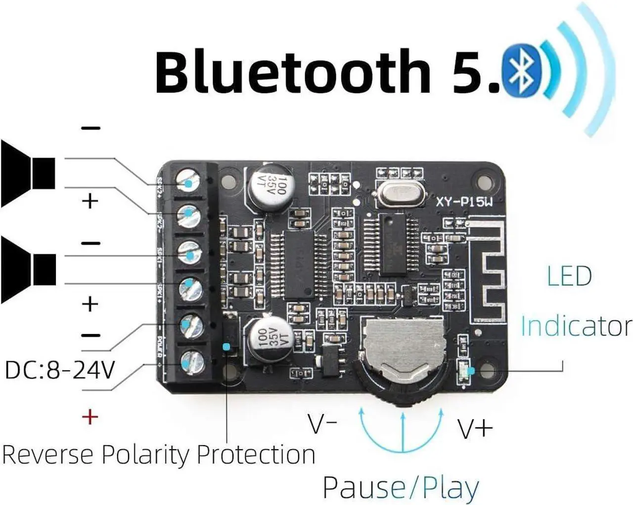 Alt view image 2 of 6 - Audio Amplifier Board with BT 5.0, 10W 15W 20W 2.0 Dual Channel Stereo Wireless Mini Amp Module with Protective Shell