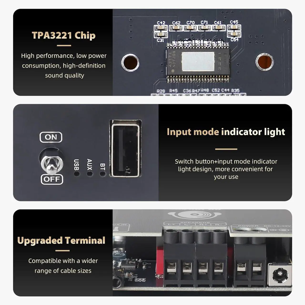 Alt view image 5 of 7 - T100HS Power Amplifier Board with Subwoofer 2.0 Channel 100W×2, TPA3221 Chip 12V-30V Audio Power Amplifier with Treble and Bass Control