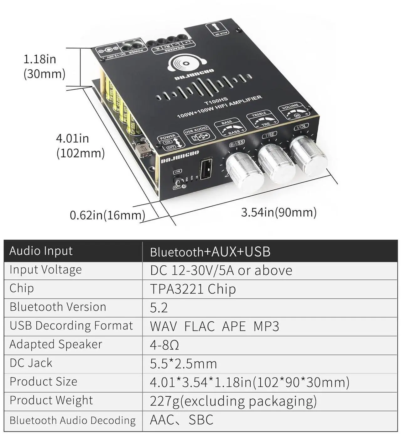Alt view image 6 of 7 - T100HS Power Amplifier Board with Subwoofer 2.0 Channel 100W×2, TPA3221 Chip 12V-30V Audio Power Amplifier with Treble and Bass Control