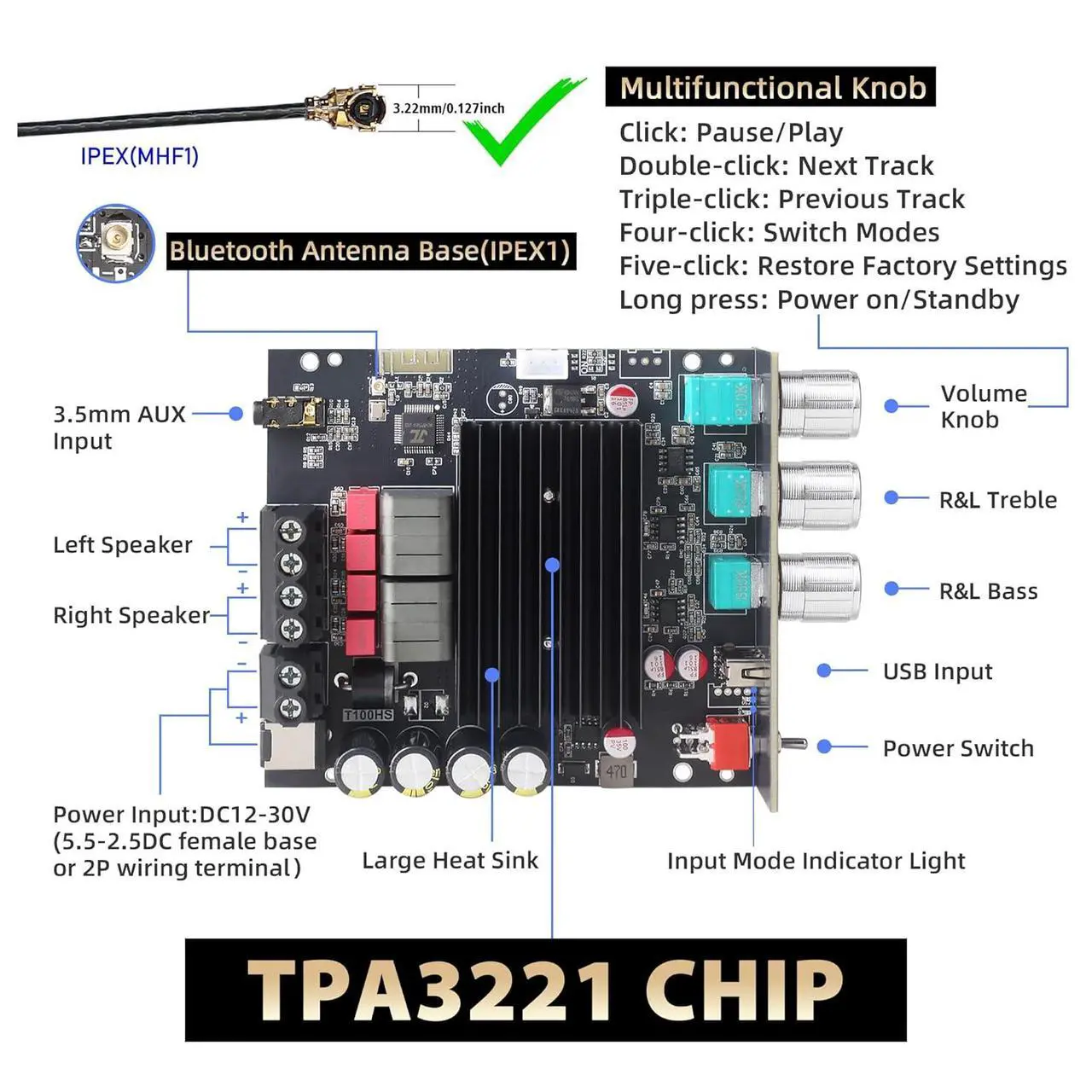 Alt view image 2 of 7 - T100HS Power Amplifier Board with Subwoofer 2.0 Channel 100W×2, TPA3221 Chip 12V-30V Audio Power Amplifier with Treble and Bass Control
