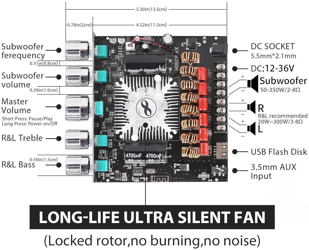 Alt view image 2 of 6 - XY-S350H 220W*2+350W 2.1 Bluetooth Power Amplifier Board Support Custom Bluetooth Name, 18V-36V Bluetooth Speaker Audio Amplifier Module (XY-S350H)