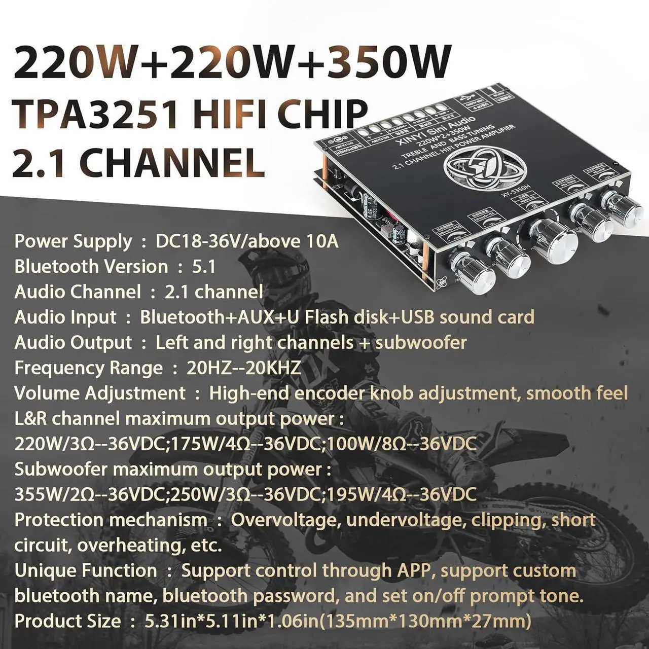 Alt view image 3 of 6 - XY-S350H 220W*2+350W 2.1 Bluetooth Power Amplifier Board Support Custom Bluetooth Name, 18V-36V Bluetooth Speaker Audio Amplifier Module (XY-S350H)