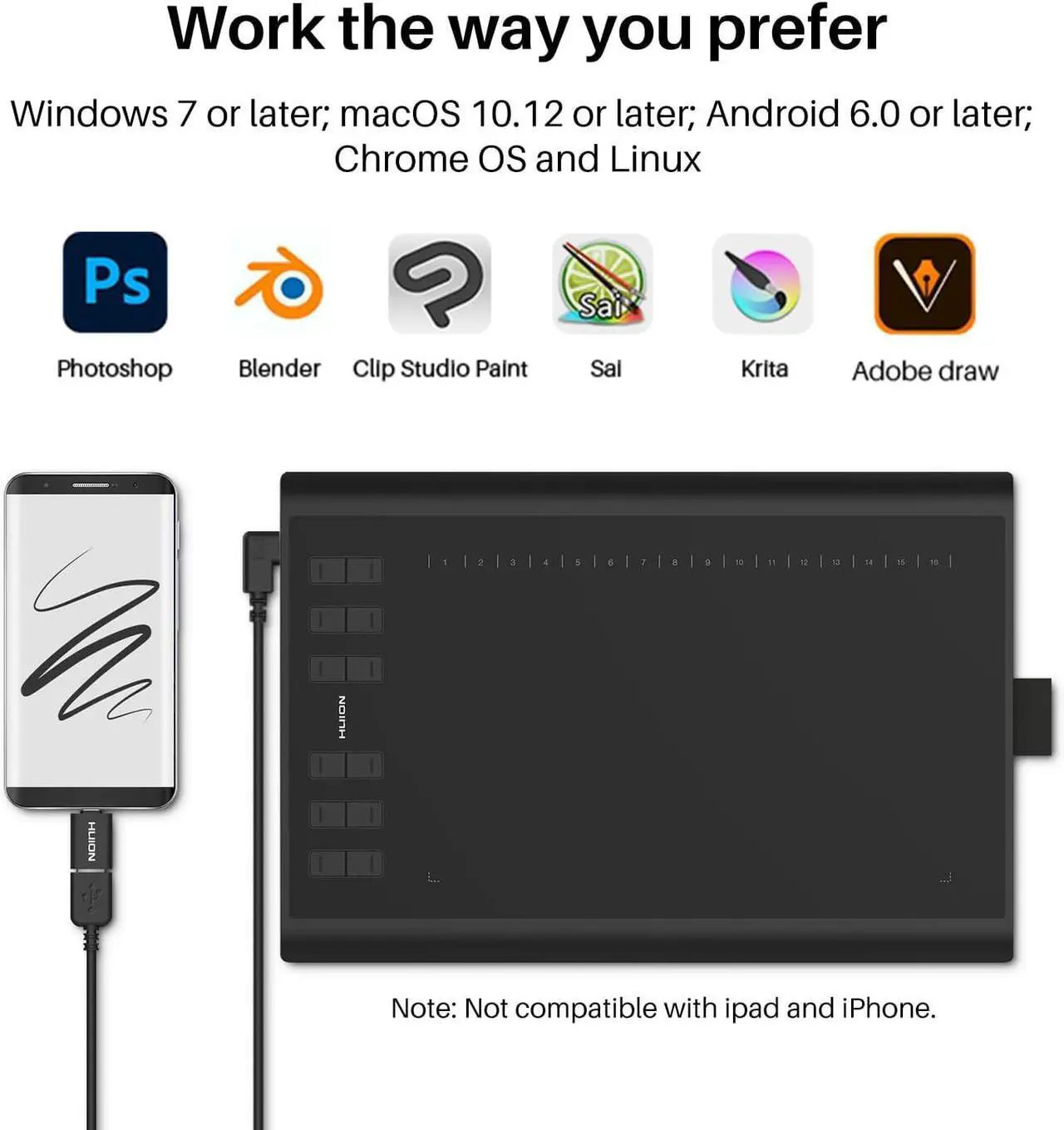Alt view image 5 of 7 - HUION Inspiroy H1060P Graphics Drawing Tablet with 8192 Pressure Sensitivity Battery-Free Stylus and 12 Customized Hot Keys, 10 x 6.25 inches Digital Art Tablet for Mac, Windows PC and Android