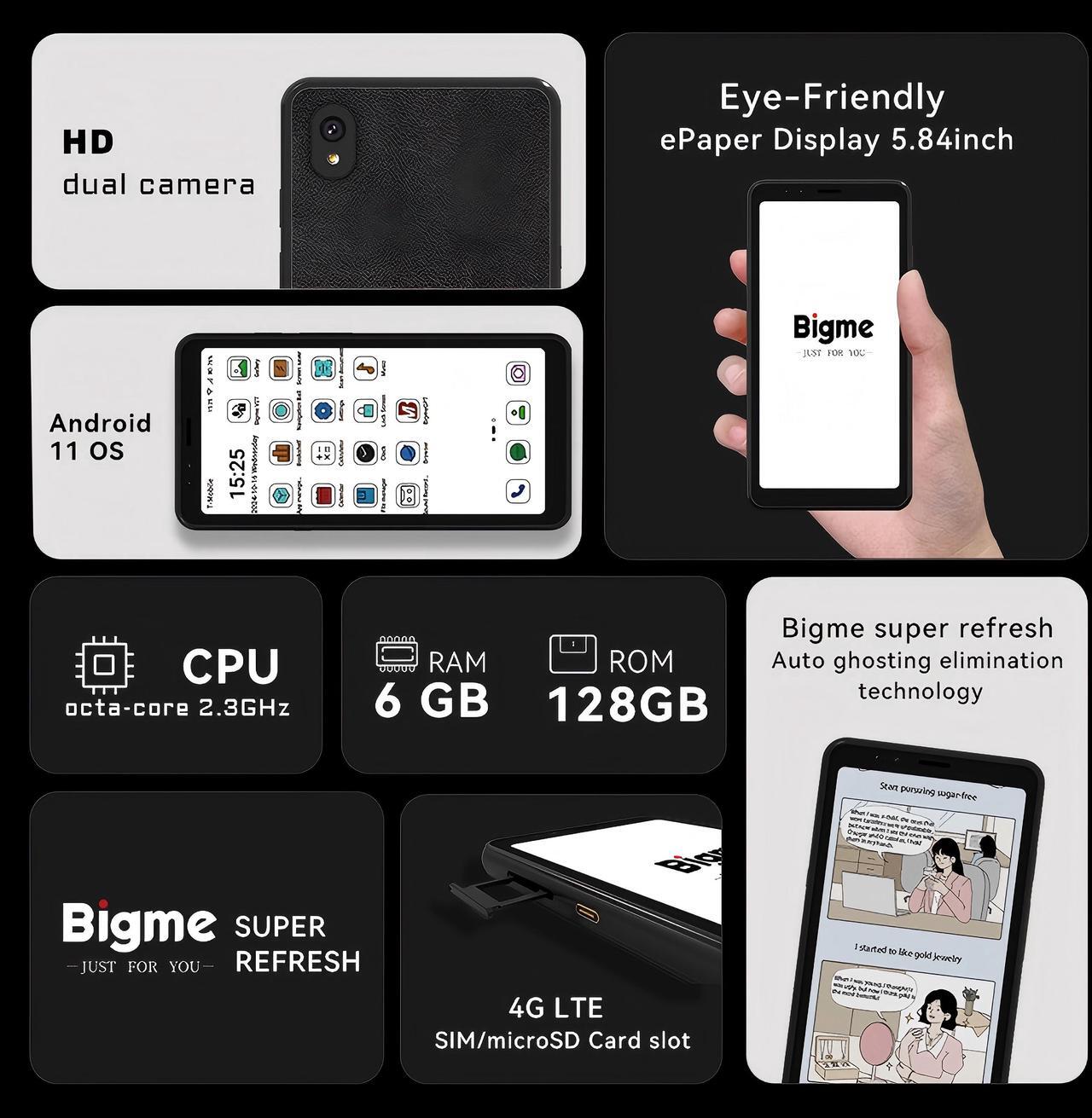 Alt view image 2 of 7 - Bigme HiBreak Color E-Ink Smartphone, 6G+128GB Android 11, 5.84-Inch HD Screen, 36-Level Front Light, USB-C, 3300mAh Battery, Dual Camera - Black