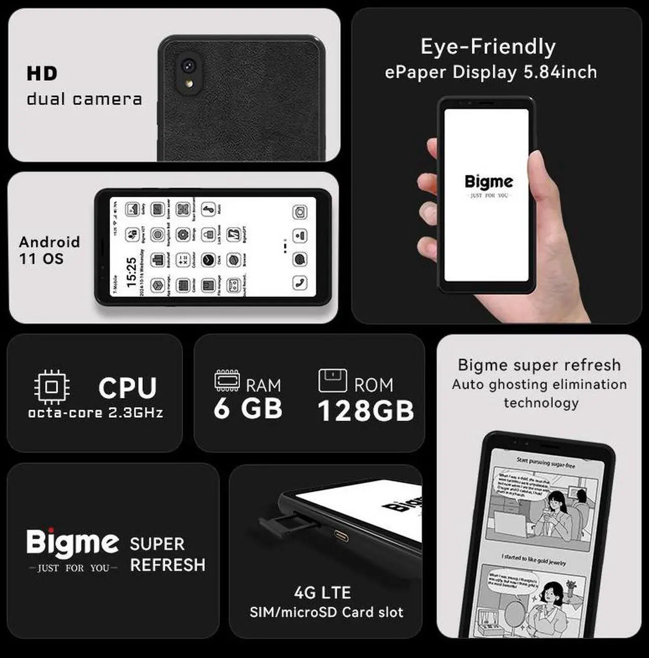 Alt view image 2 of 7 - Bigme HiBreak Smartphone E-Ink Screen 6G+128GB Android 11 with 36-Level Front Light and 3300mAh Battery Black and White