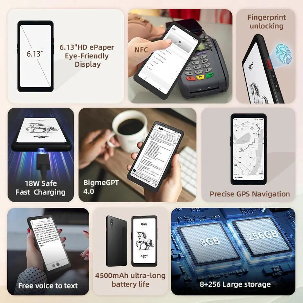Alt view image 3 of 5 - Bigme HiBreak Pro 6.13" Epaper Cell Phone with Android 14 OS - 8GB RAM, 256GB Storage, 5G Dual SIM, GPS, and Dual Cameras for Enhanced Productivity and Connectivity Black