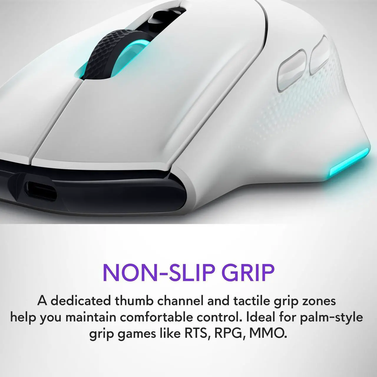 Alt view image 3 of 5 - Alienware Wireless Gaming Mouse AW620M - Wireless/Wired, 1 x USB - 4 pin USB Type A, 26000 dpi, 3.52oz (99g) Weight, 7 Buttons, Non-Slip Grip, up to 140 Hours of Gaming - Lunar Light