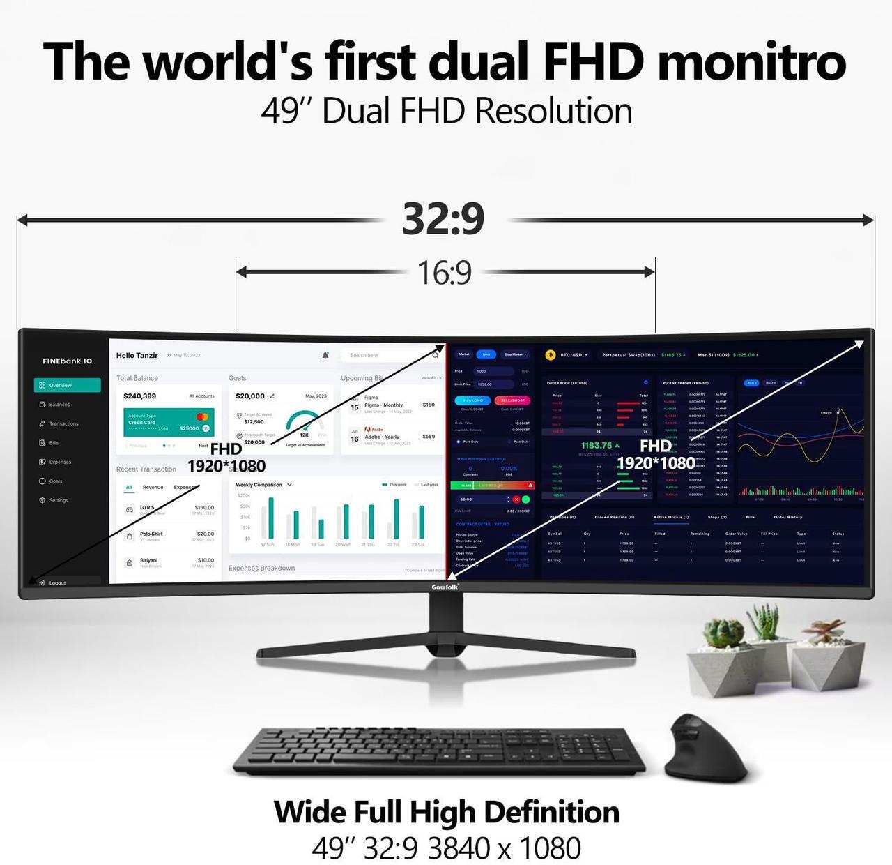 Alt view image 3 of 5 - Gawfolk 49 Inch Ultra-Wide Curved Gaming Monitor, 165Hz Ultrawide PC Screen 3840x1080 Dual FHD, FreeSync, Height Adjustable, HDMI 2.1/DP 1.4, Compatible Wall Mount 100 * 100mm