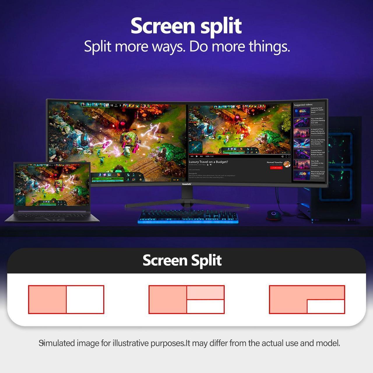 Alt view image 4 of 5 - Gawfolk 49 Inch Ultra-Wide Curved Gaming Monitor, 165Hz Ultrawide PC Screen 3840x1080 Dual FHD, FreeSync, Height Adjustable, HDMI 2.1/DP 1.4, Compatible Wall Mount 100 * 100mm