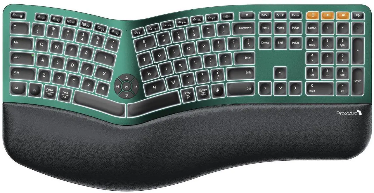 Main image of ProtoArc Backlit Bluetooth Ergonomic Keyboard, EK01 Plus Full Size Wireless Split Keyboard with Dual Bluetooth and USB, Cushioned Wrist Rest, Rechargeable, Compatible with Windows/Mac/Android, Green