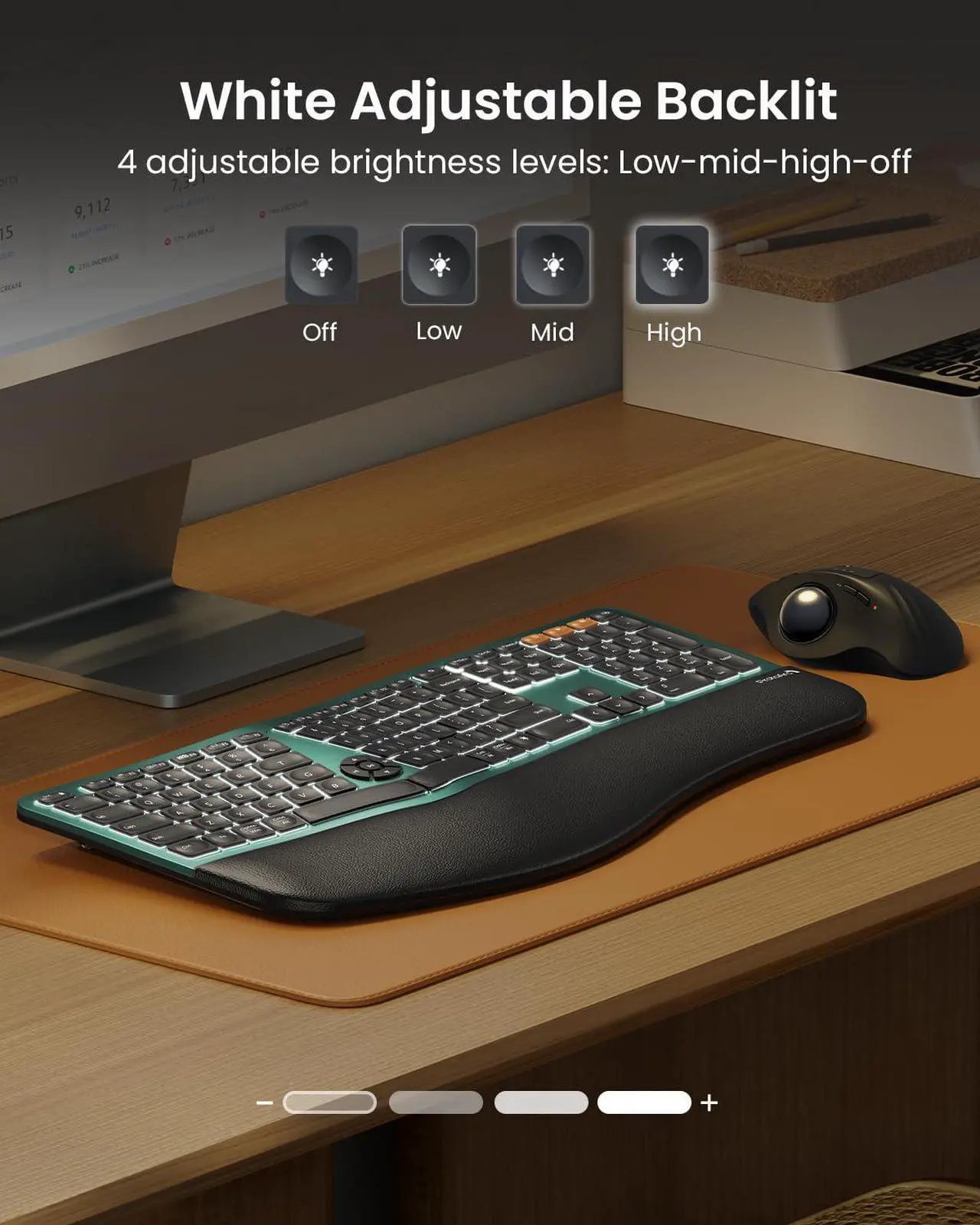 Alt view image 2 of 5 - ProtoArc Backlit Bluetooth Ergonomic Keyboard, EK01 Plus Full Size Wireless Split Keyboard with Dual Bluetooth and USB, Cushioned Wrist Rest, Rechargeable, Compatible with Windows/Mac/Android, Green