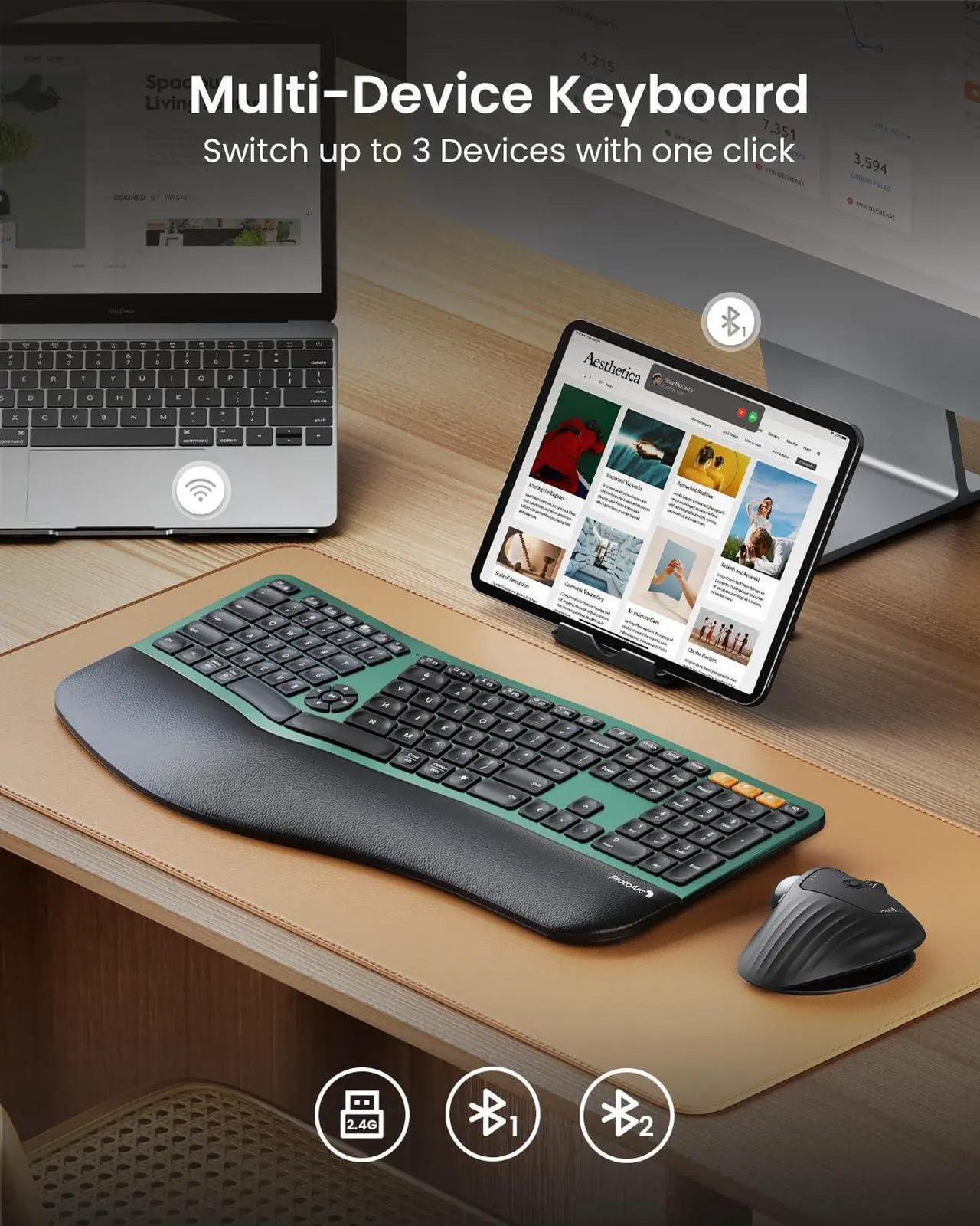 Alt view image 3 of 5 - ProtoArc Backlit Bluetooth Ergonomic Keyboard, EK01 Plus Full Size Wireless Split Keyboard with Dual Bluetooth and USB, Cushioned Wrist Rest, Rechargeable, Compatible with Windows/Mac/Android, Green