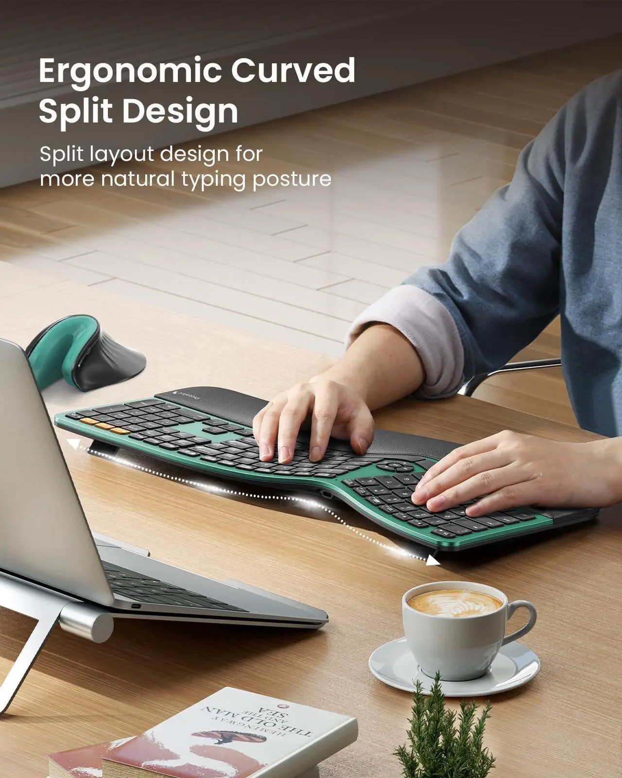Alt view image 4 of 5 - ProtoArc Backlit Bluetooth Ergonomic Keyboard, EK01 Plus Full Size Wireless Split Keyboard with Dual Bluetooth and USB, Cushioned Wrist Rest, Rechargeable, Compatible with Windows/Mac/Android, Green