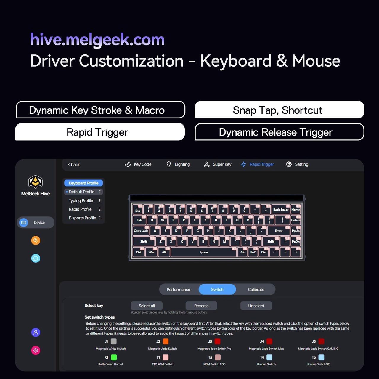 Alt view image 5 of 5 - MelGeek MADE68 Pro Wired Keyboard, Hall Effect Magnetic Switch Gaming Keyboard, 65% Compact Rapid Trigger, Hot-Swappable, RGB Snap Tap & Adjustable Actuation, Online HIVE Custom (Purple)