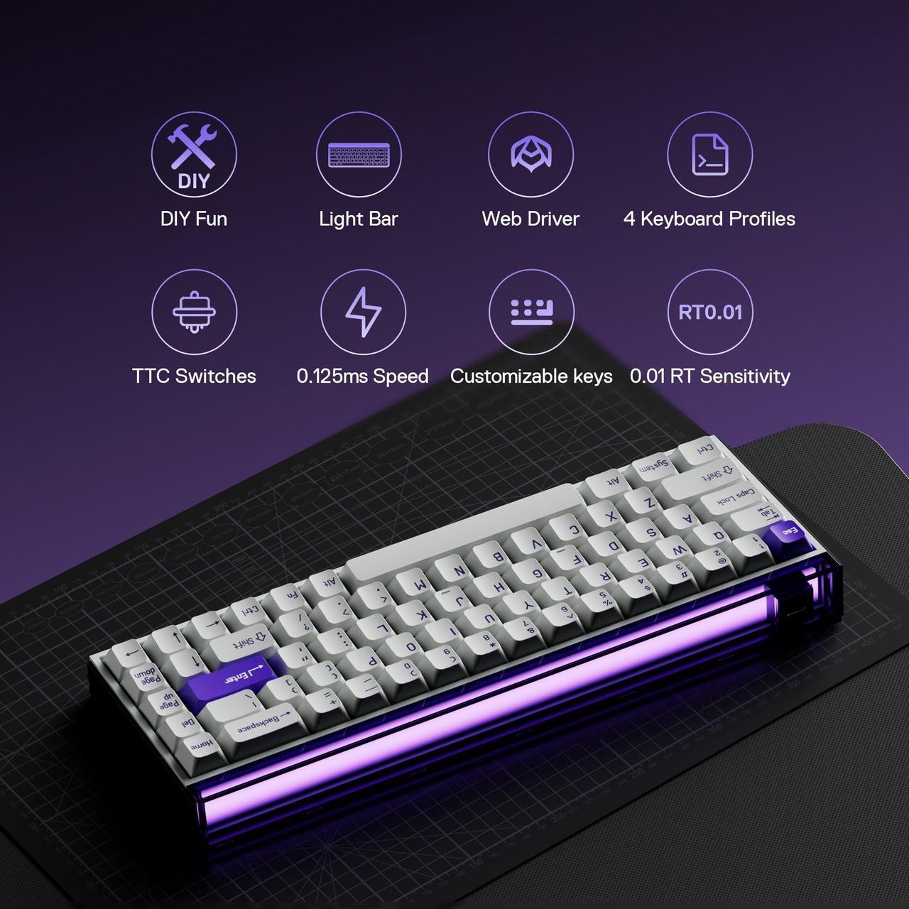 Alt view image 2 of 5 - MelGeek MADE68 Pro Wired Keyboard, Hall Effect Magnetic Switch Gaming Keyboard, 65% Compact Rapid Trigger, Hot-Swappable, RGB Snap Tap & Adjustable Actuation, Online HIVE Custom (Purple)