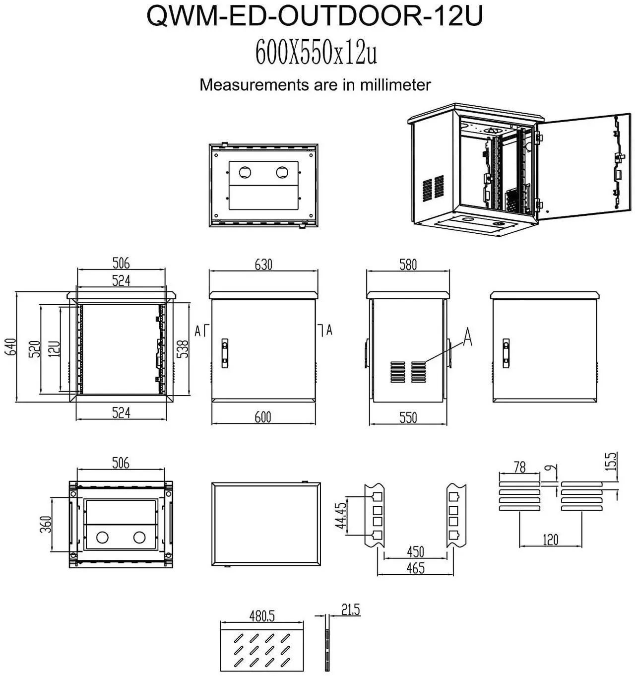 Alt view image 5 of 5 - Electriduct 12U Outdoor Cabinet IP55 Weather Resistant Enclosure Floor Mount Network Equipment Front & Back Doors, 2 Locks, 4 Keys, 2 Shelves, 2 Fans, Thermostat (600 x 550 mm)