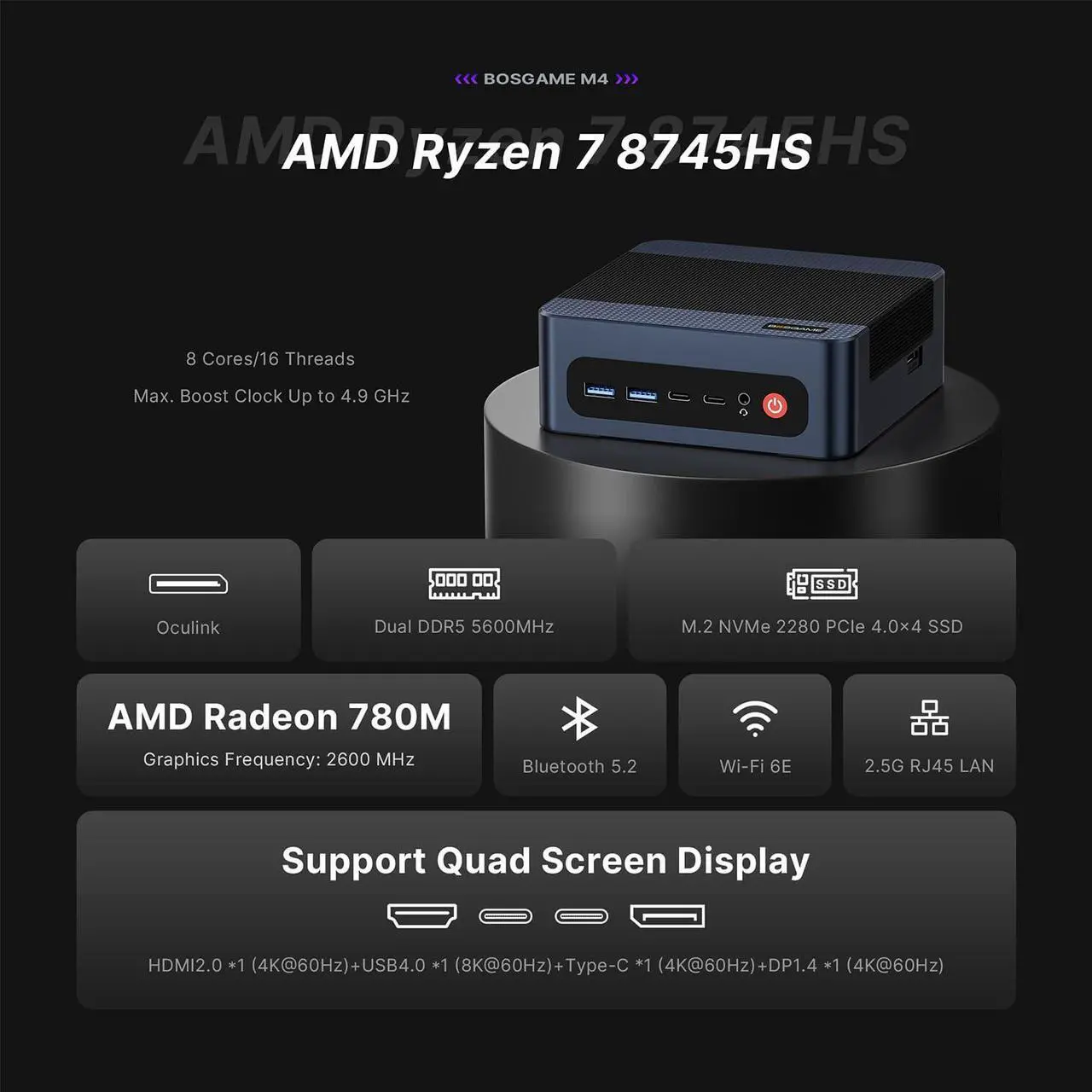 Alt view image 2 of 5 - BOSGAME M4 Oculink Mini PC, AMD Ryzen 7 8745HS Desktop Computers, 32GB DDR5, 1TB SSD, Radeon 780M, Wi-Fi 6, BT 5.2, Dual 2.5GbE LAN, USB 4