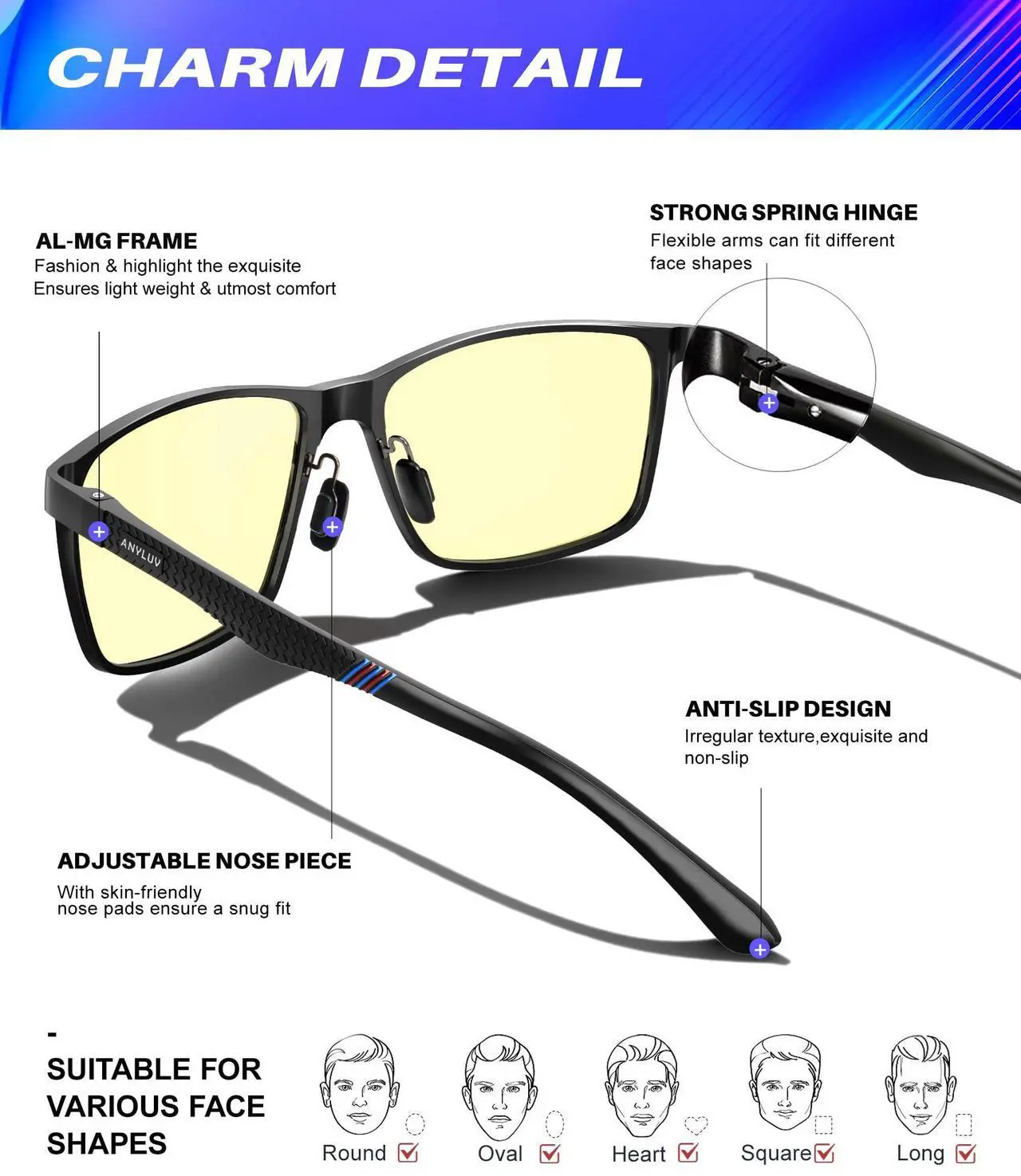 Alt view image 5 of 5 - ANYLUV Al-Mg Metal Computer Blue Light Blocking Glasses + Computer Gaming Glasses