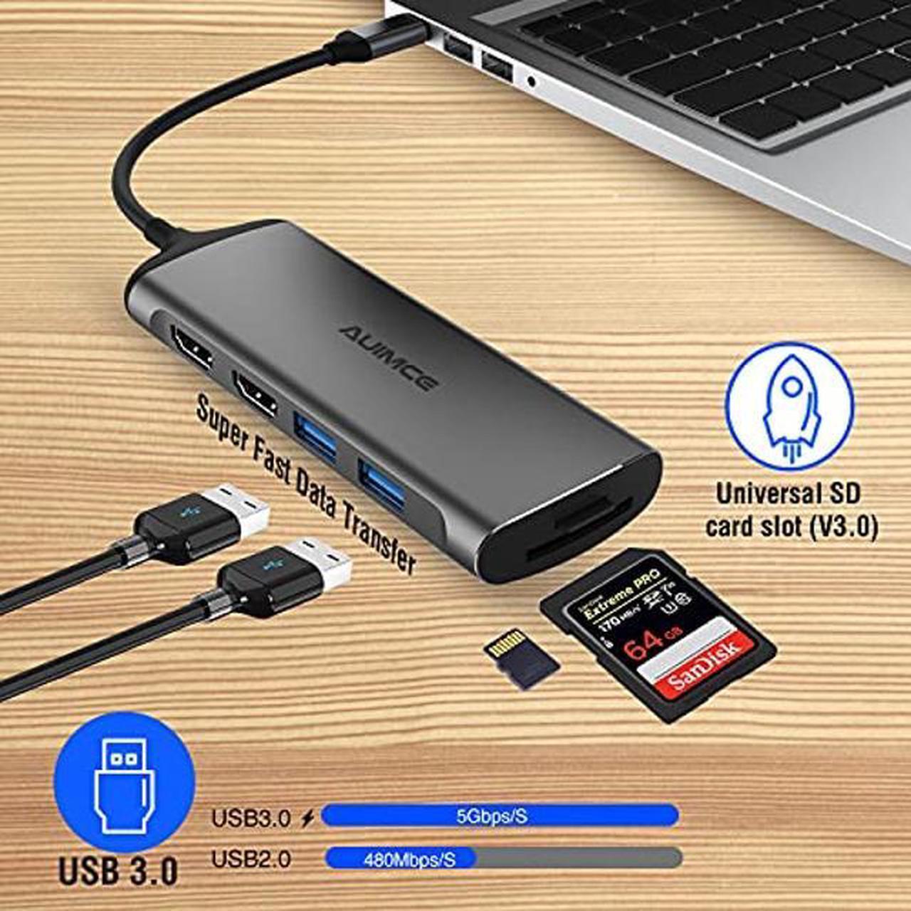 Alt view image 5 of 5 - AUIMCE USB C Docking Station Dual HDMI Monitor, 7-in-1 USB C Hub with 2 HDMI,100W PD, USB 3.0, SD/TF Card Reader Ports, Laptop Docking Station for Dell, HP, Lenovo, Surface and More